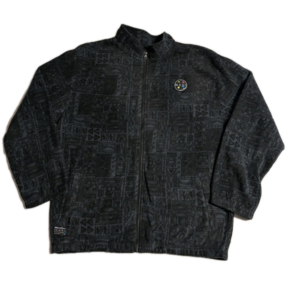 Maui and Sons Full Zip Fleece Jacket Mens XL Black Tribal Print Surf Skate